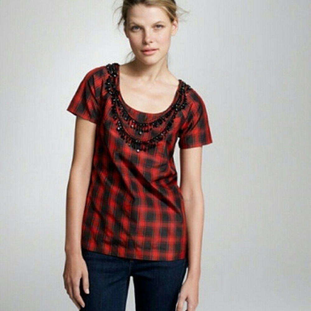 J. Crew Beaded Red/Black Plaid/Tartan Top w/ Tie